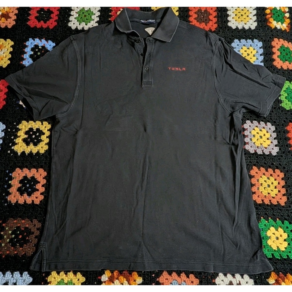TESLA MOTORS Official Men's Automotive Black Spellout Logo Polo Shirt Size XL